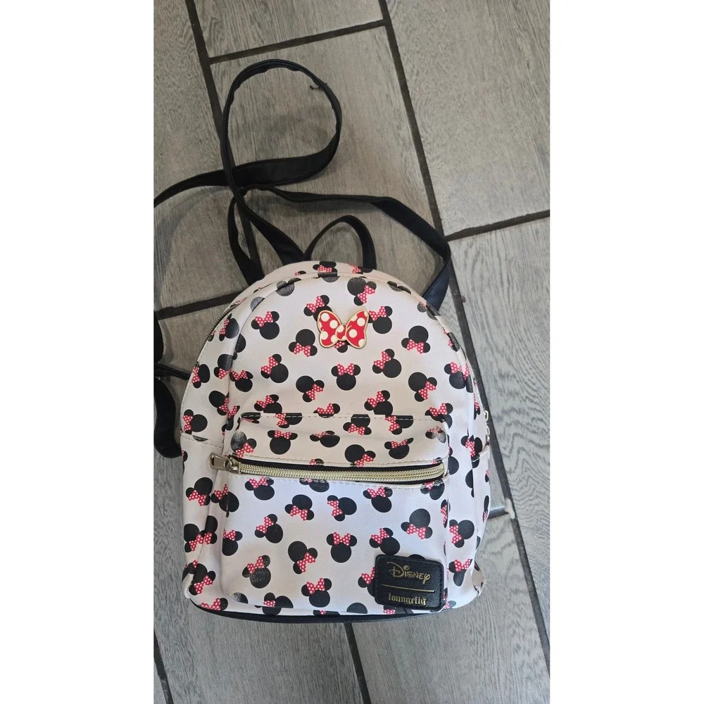 Disney Loungefly Minnie Mouse Polka Dot Bow Mini Backpack White Black Red